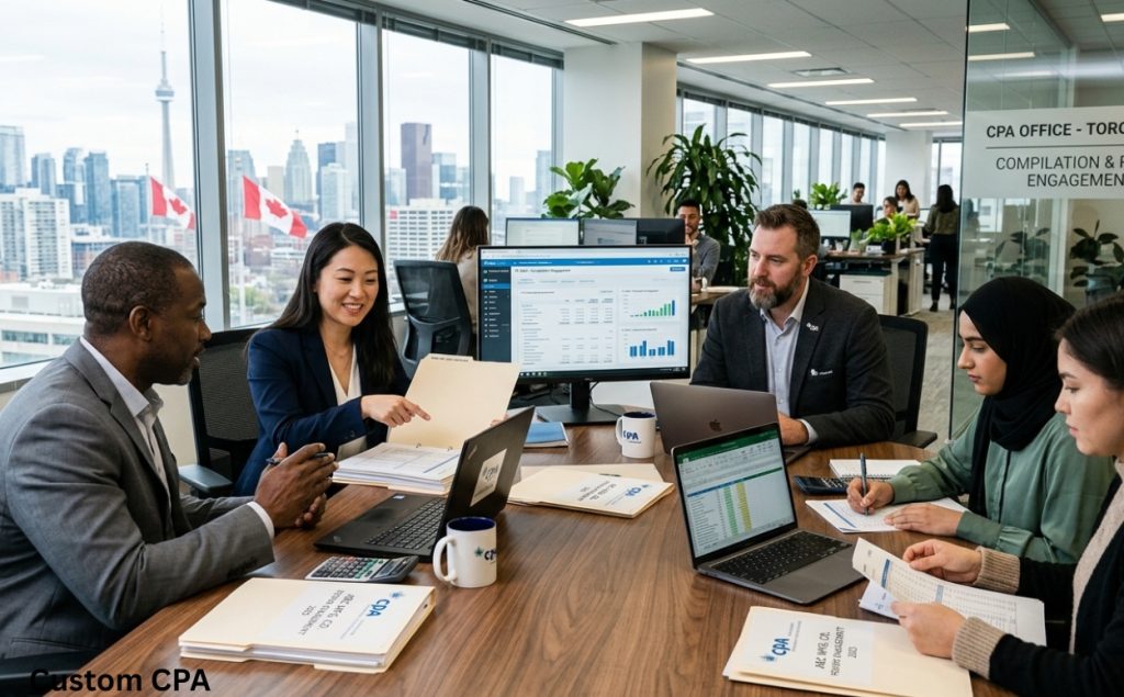 Custom CPA, Compilation and Review Engagement team working in the office, Canada