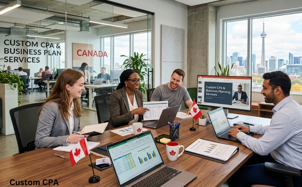 Custom cpa, business plan services team working in the office in Canada