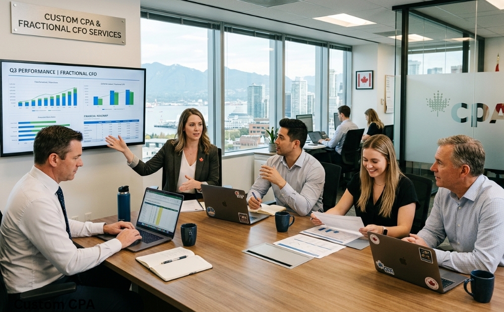 Custom CPA, fractional CFO Services team working in the office in Canada
