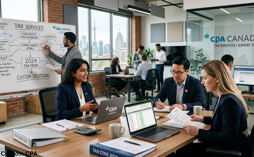 Custom CPA Canada, Tax Services expert services team working in the office in, Canada