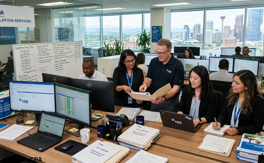 Custom CPA Canada, Compilation services team working in the office in, Canada