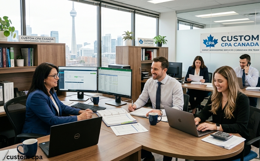 Custom CPA Canada, Expert bookkeeping Services team working in the office, Canada