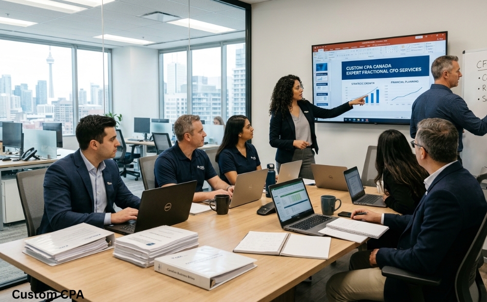 Custom CPA Canada, expert Fractinal cfo Services team working in the office, Canada