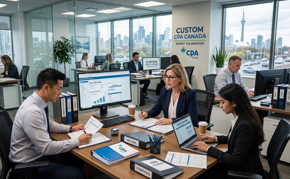 Custom CPA Canada, expert tax services setup services team working in the office, Canada