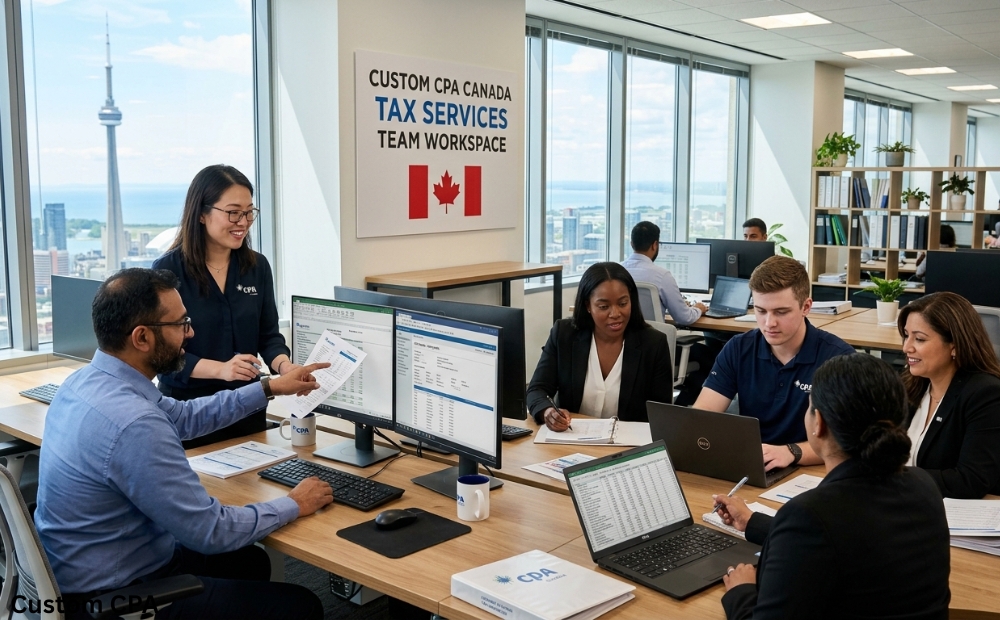 Custom CPA canada , Tax Services team working in the office, Canada