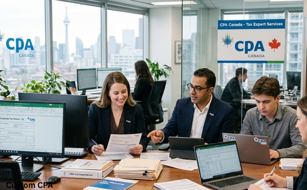 Custom CPA Canada, tax expert services team working in the office, Canada
