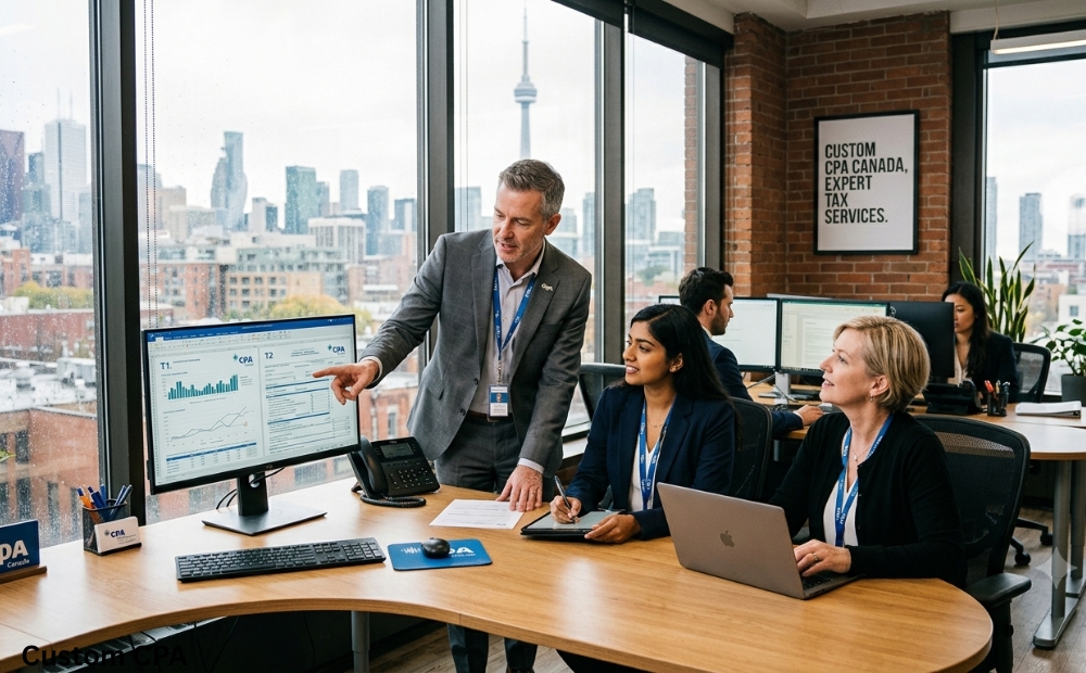 Custom CPA Canada, expert tax services team working in the office, Canada